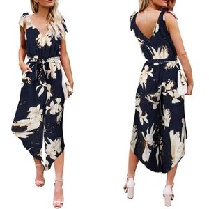 BELONGSCI Navy Blue Floral Wide Leg Jumpsuit with Belt